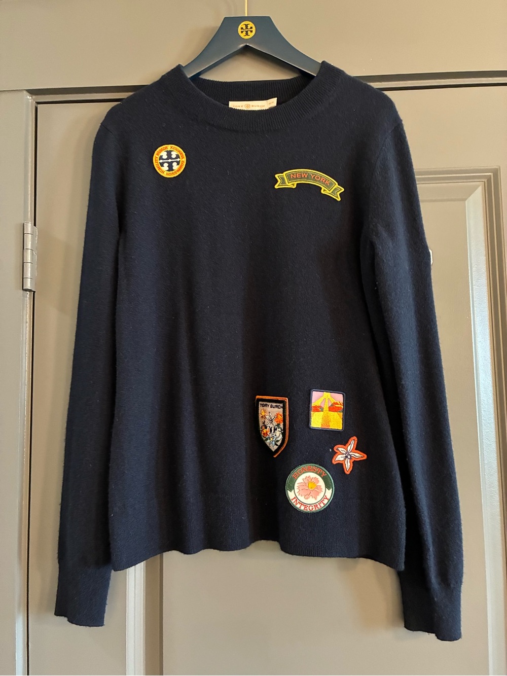 Tory Burch Navy Embroidered Patch Sweater
